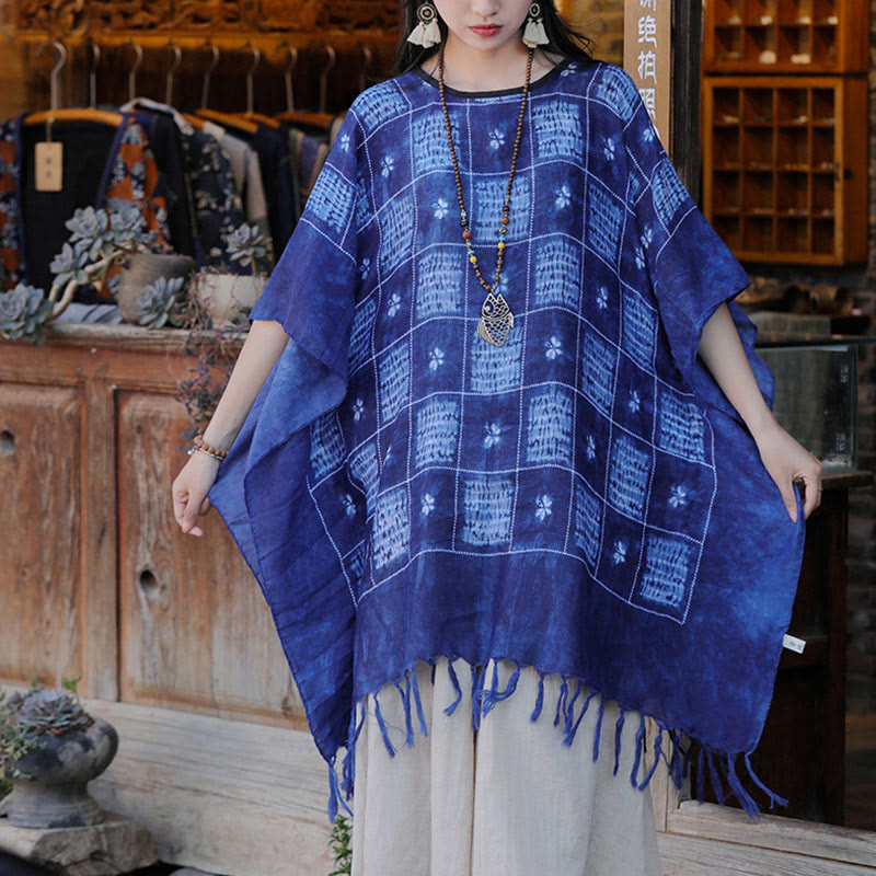 Buddha Stones Blau Farbblock Plaid Schal Quasten Weicher Pullover 90*95cm