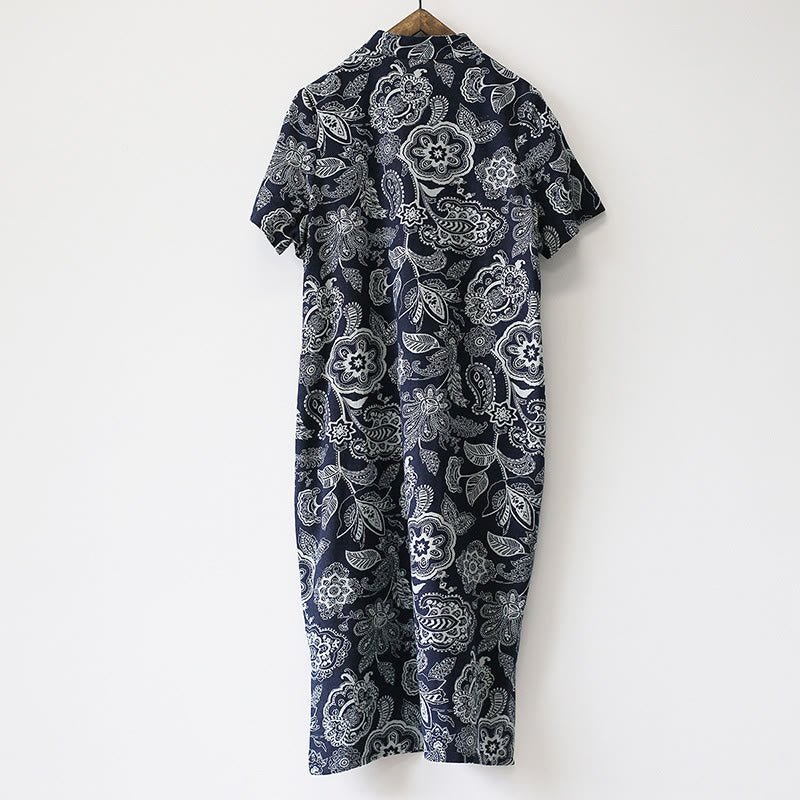 Buddha Stones Blau- Weiß Blume Froschknopf Cheongsam Kleider Kurzarm Leinenkleider mit Taschen