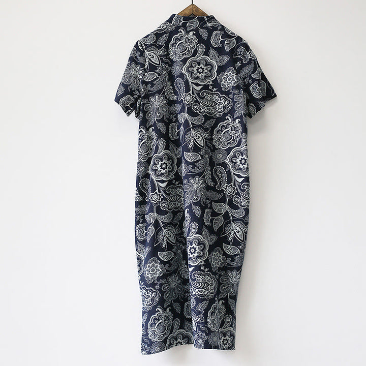 Buddha Stones Blau- Weiß Blume Froschknopf Cheongsam Kleider Kurzarm Leinenkleider mit Taschen