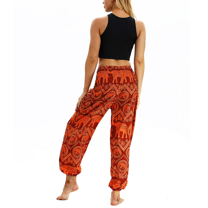 Buddha Stones Boho Lockere Haremshose mit geometrischem Elefantenmuster für Damen, Yogahose