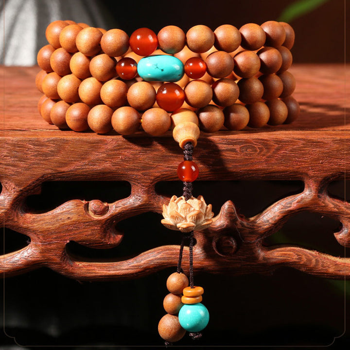 Buddha Stones Tibetisches Sandelholz Lotus Erleuchtung Charm Mala Armband