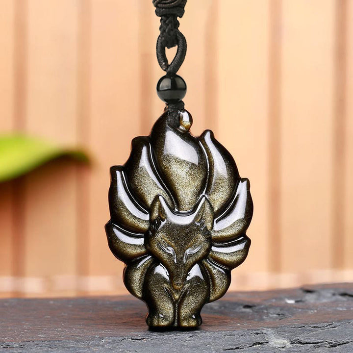 Buddha Stones Natürliche Fluorit-Goldglanz-Obsidian-Fuchs-Anhänger-Schutz-Halskette