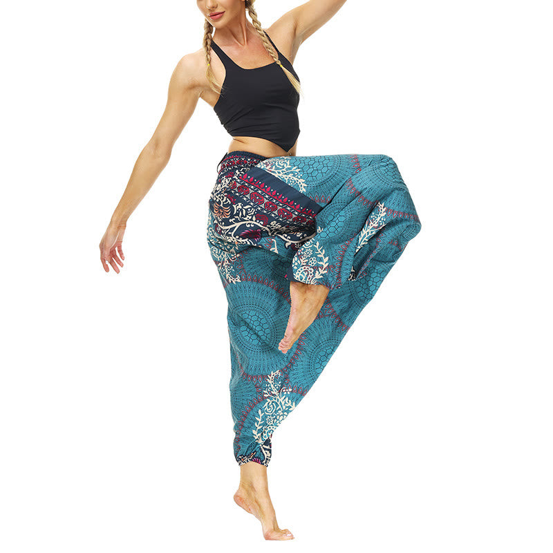 Buddha Stones Boho Lockere Haremshose mit geometrischem Blumenrankenmuster für Damen, Yogahose