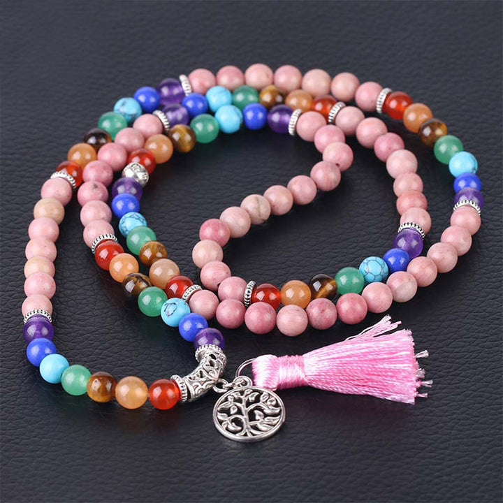 Buddha Stones 108 Mala Perlen Rhodonit Blauer Kristall Lazulit Heilarmband