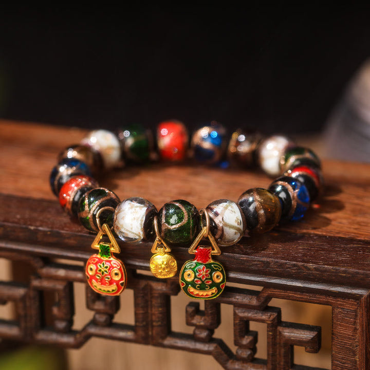 Buddha Stones Five Elements Gold Schlucktier Familie Charm Liuli Glasperlen Glücksarmband - Liuli Glasperlen & Flache Rot Grün Gold Verschlingende Bestienfamilie - 14 mm (15 Perlen) - image 7