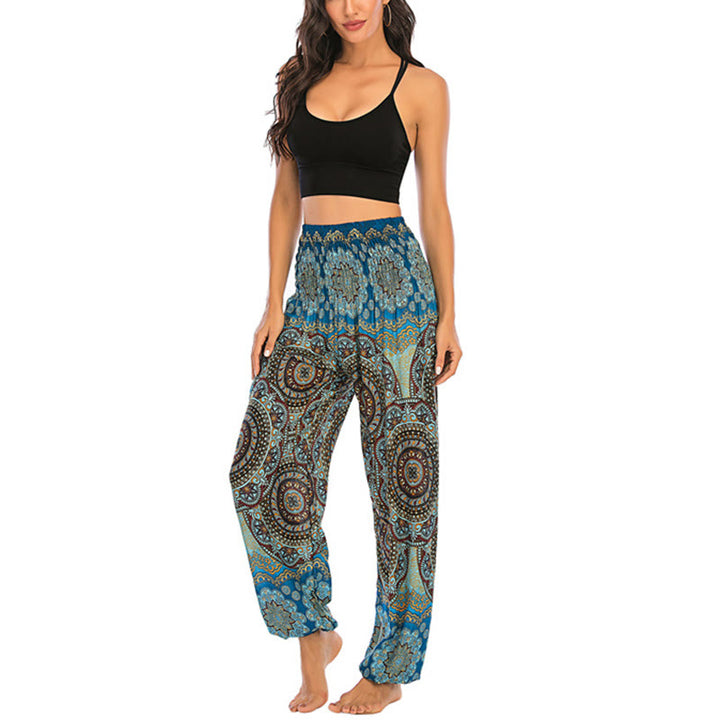 Buddha Stones Boho Lockere Haremshose mit rundem geometrischem Muster für Damen, Yogahose