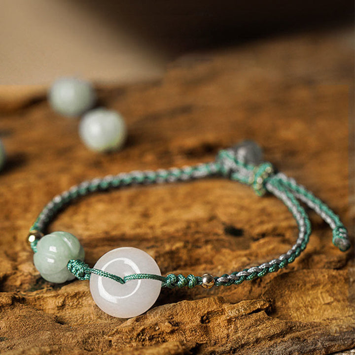 Buddha Stones Geflochtenes Armband mit Friedensschnalle aus weißem Jade, Kürbisperle und Glücksbringer - 13-16 cm - image 0