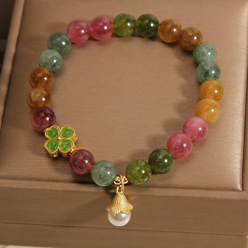 Buddha Stones Buntes Turmalin-Armband mit vierblättrigem Kleeblatt und Blume der Weisheit