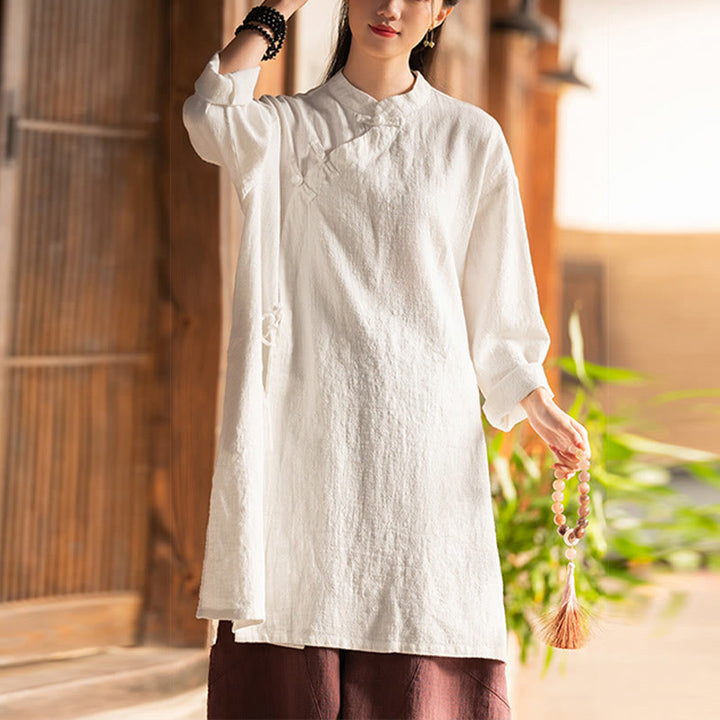 Buddha Stones Vintage Baumwollleinen Bluse Damen Langarmshirt Chinesisches Hanfu Top