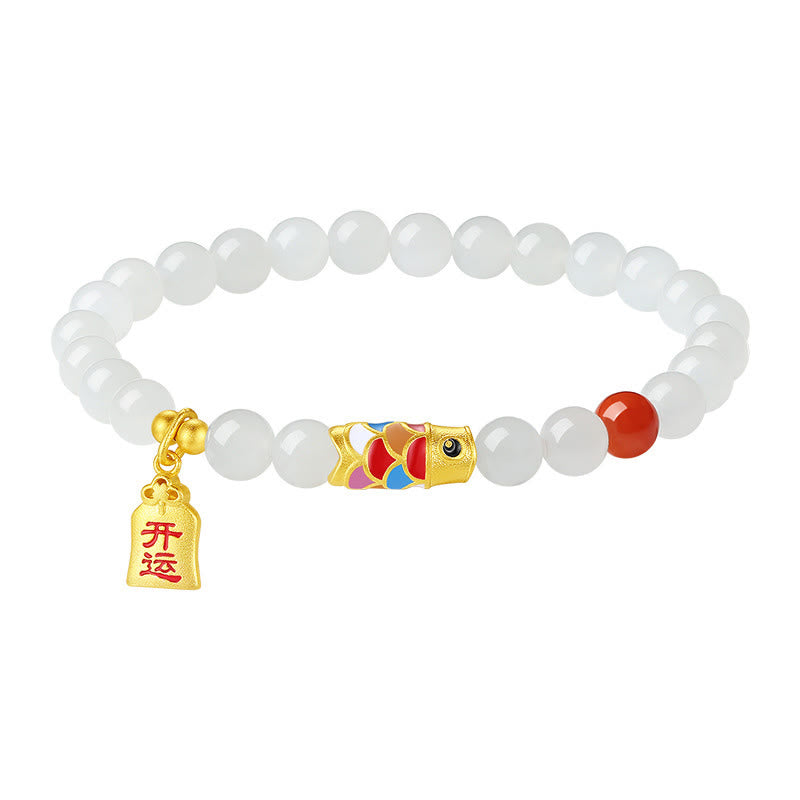 Buddha Stones 925 Sterling Silber Hetian Weiß Jade Roter Achat Koi Fisch Glück Glücksarmband - image 10