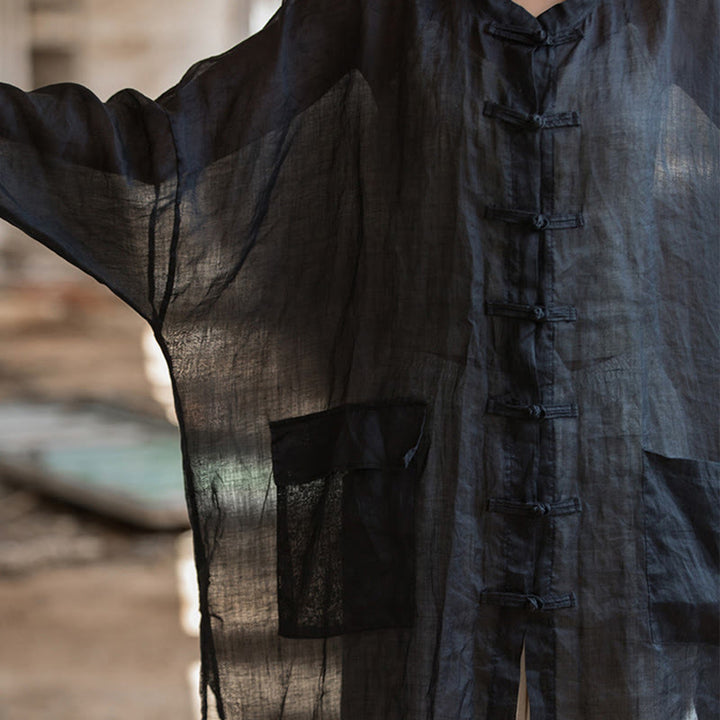 Buddha Stones Schwarze Zen-Meditationsjacke mit Froschknöpfen und langen Ärmeln und Taschen