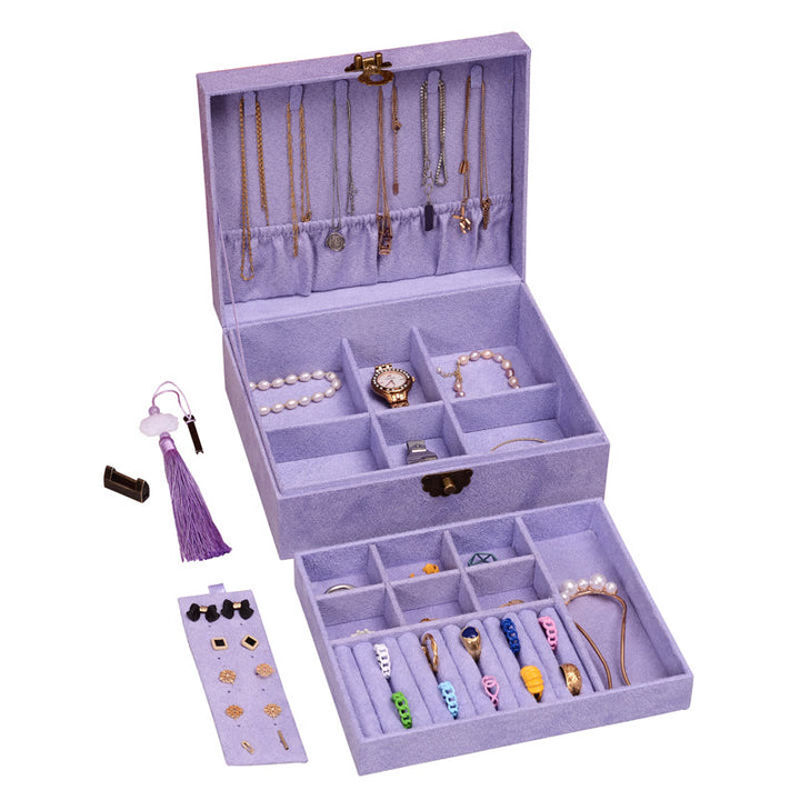 Buddha Stones, schlichtes Design, Schmuckkästchen, Organizer, zweilagige Schmuck-Aufbewahrungsbox, Flanell-Box mit Schloss - Lila 23 x 19 x 6,5 cm - image 22