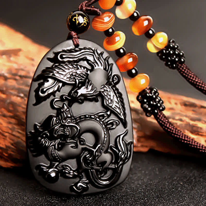 Schwarzer Obsidian Tigerauge Drache Phönix Schutz Perlen Halskette Anhänger - image 3