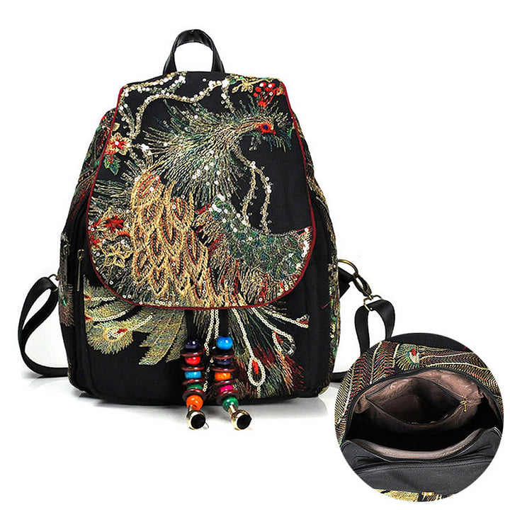 Rucksack aus Segeltuch mit Pfauenstickerei und Quasten