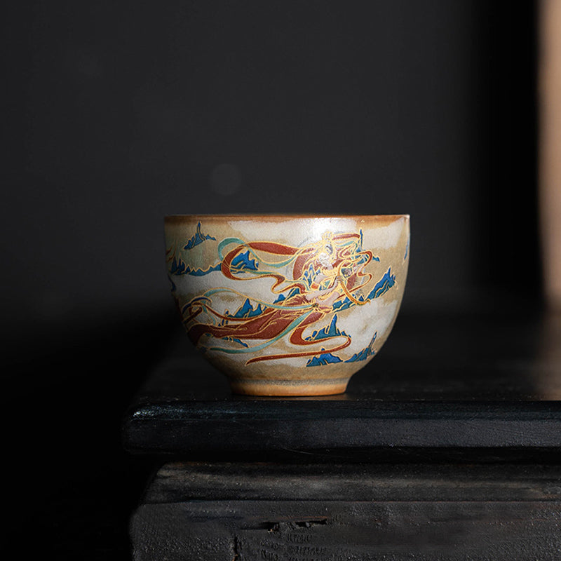 Buddha Stones Dunhuang Flying Apsaras Gaiwan Sancai Teetasse aus Keramik, Kung Fu Teetasse mit Deckel