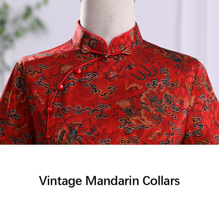 Buddha Stones Vintage Auspicious Clouds Leaf Print Cheongsam Kleid Damen Qipao Kleid