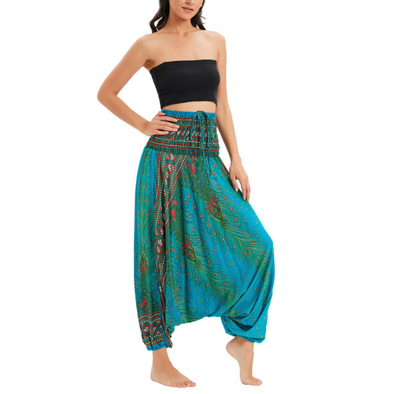 Buddha Stones Zwei Stile Tragen Pfauenfeder Lockere gesmokt Haremshose Overall Hohe Taille Hose