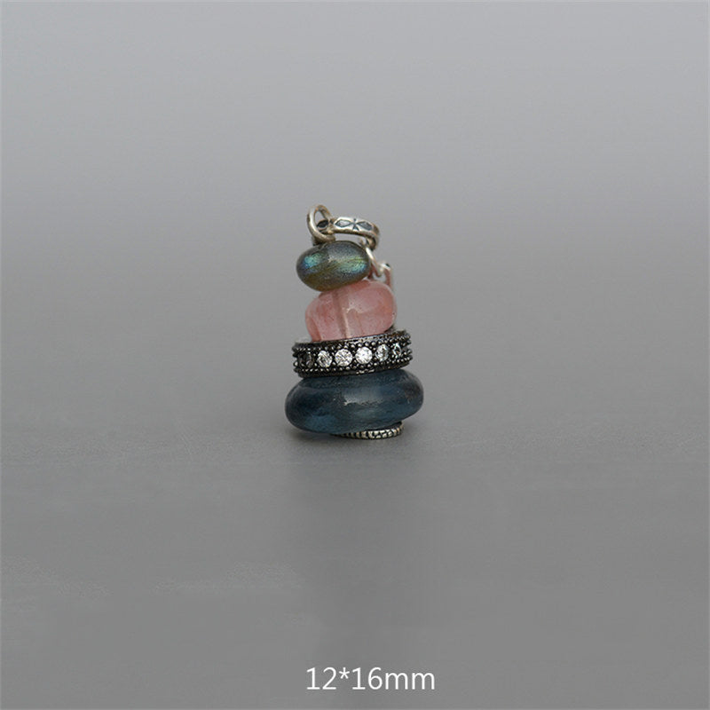 Buddha Stones Zen Cairn Labradorit Verschiedene Kristalle Calm Anhänger Halskette - Anhänger mit schwarzem Glitzerstein und rosa Kristall- und Glasperlen, 12 x 16 mm - image 21
