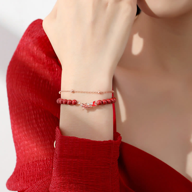 Buddha Stones 925 Sterling Silber Glücks-Koi-Fisch-Zinnober-Zirkon-Wohlstands-Doppelschicht-Kettenarmband - image 4