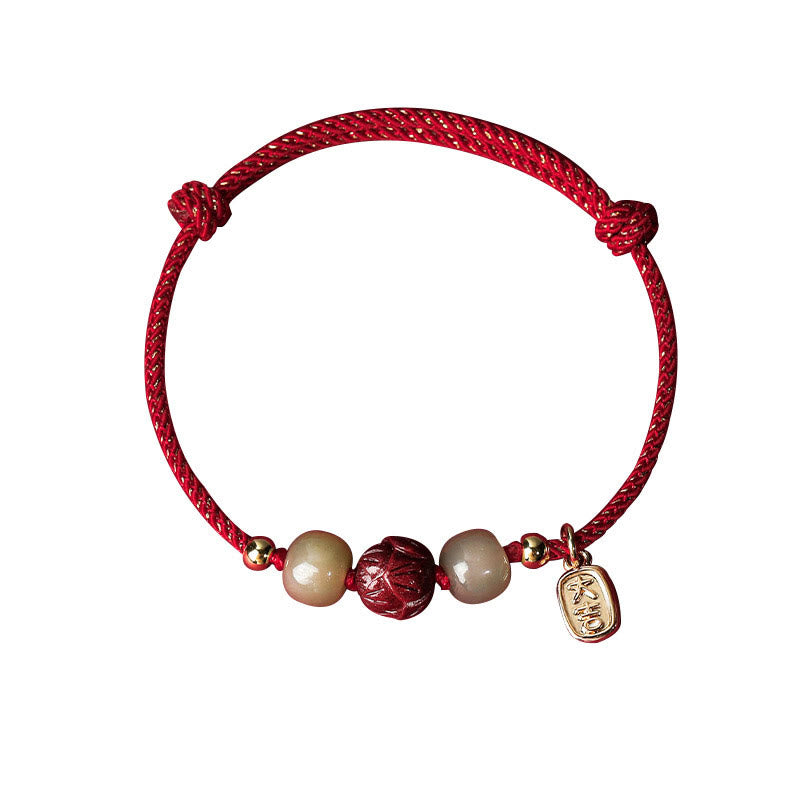 Buddha Stones 14K vergoldetes Hetian Jade Zinnober Lotus Glück handgefertigtes Seilarmband - image 5