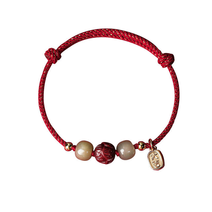 Buddha Stones 14K vergoldetes Hetian Jade Zinnober Lotus Glück handgefertigtes Seilarmband - image 5