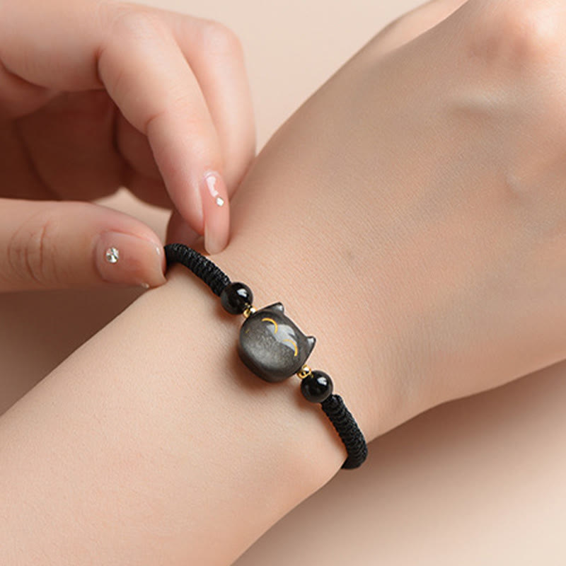 Buddha Stones Handgefertigtes, natürliches, silberglänzendes Obsidian-Erdbeerquarz-Armband mit niedlichem Katzenschutz - image 4