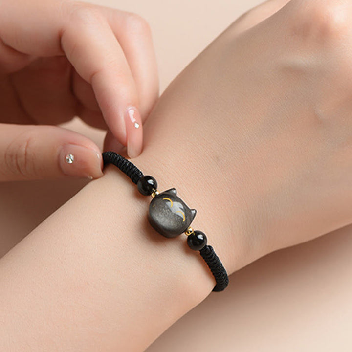 Buddha Stones Handgefertigtes, natürliches, silberglänzendes Obsidian-Erdbeerquarz-Armband mit niedlichem Katzenschutz - image 4