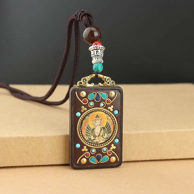 Buddha Stones Tibet Gott des Reichtums Thangka Ebenholz Frieden Halskette Anhänger - image 10