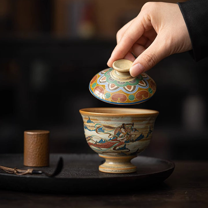 Buddha Stones Dunhuang Flying Apsaras Gaiwan Sancai Teetasse aus Keramik, Kung Fu Teetasse mit Deckel