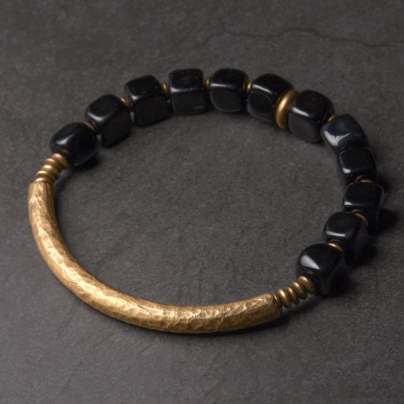 Buddha Stones Schwarzes Obsidian-Kristall-Kupfer-Stärke-Paar-Armband - 17–17,5 cm - image 1