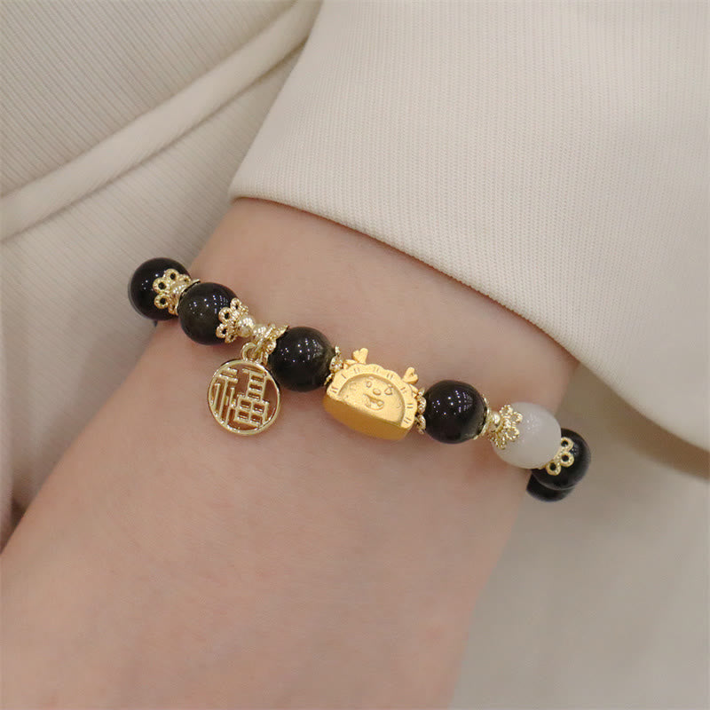 Buddha Stones, Jahr des Drachen, roter Achat, Erdbeerquarz, schwarzer Obsidian, Jade, Granat, Perle, Zinnober, Knödel, Drache, Glück, Fu, Charakter-Armband - Schwarzer Obsidian (Handgelenkumfang 14–19 cm) - image 14