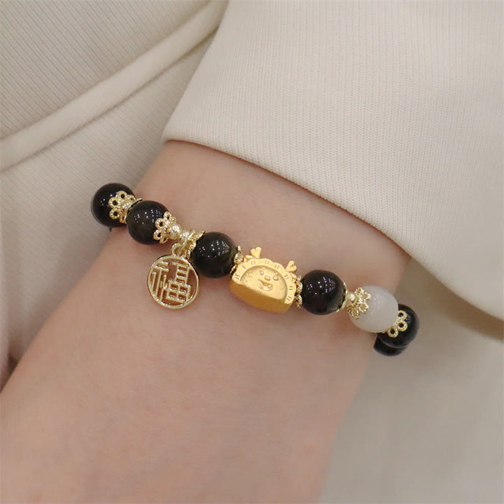 Buddha Stones, Jahr des Drachen, roter Achat, Erdbeerquarz, schwarzer Obsidian, Jade, Granat, Perle, Zinnober, Knödel, Drache, Glück, Fu, Charakter-Armband - Schwarzer Obsidian (Handgelenkumfang 14–19 cm) - image 14