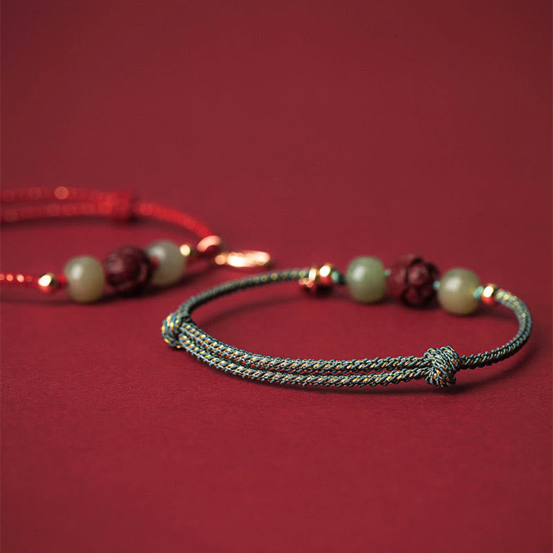 Buddha Stones 14K vergoldetes Hetian Jade Zinnober Lotus Glück handgefertigtes Seilarmband - image 12