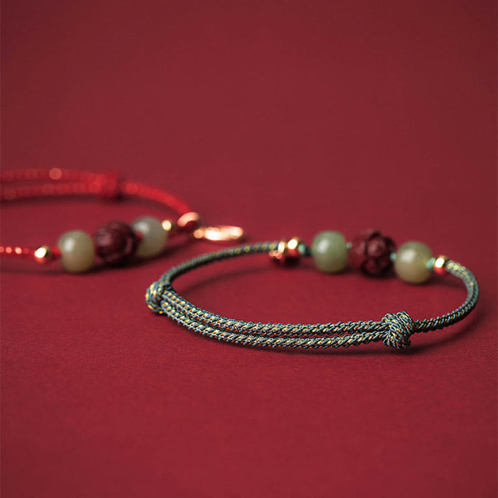 Buddha Stones 14K vergoldetes Hetian Jade Zinnober Lotus Glück handgefertigtes Seilarmband - image 12
