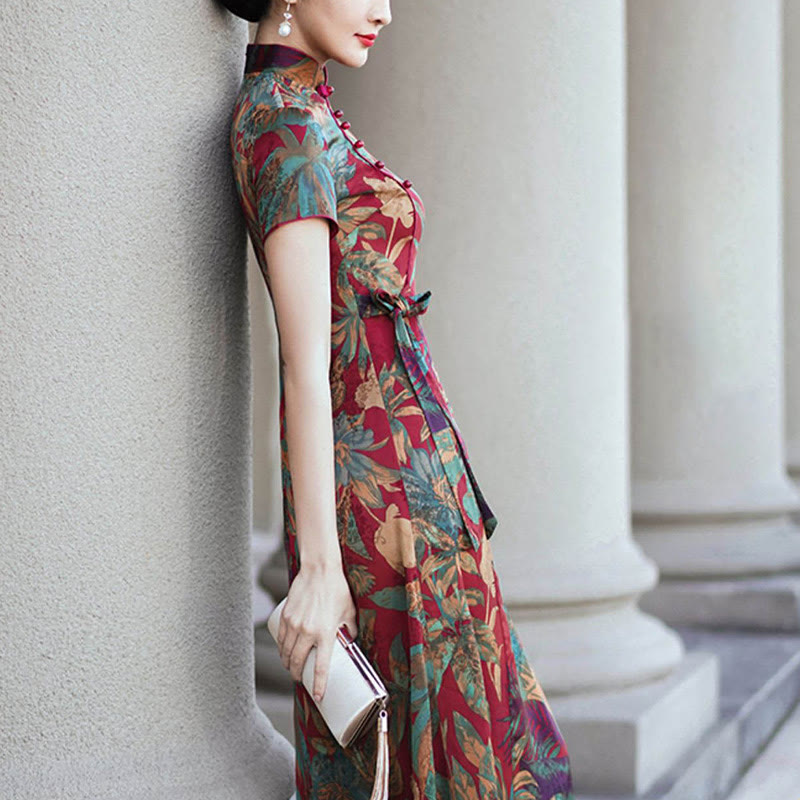 Buddha Stones Seide Qipao Kleid Retro Blumen Blatt Muster Damen Cheongsam Kleid