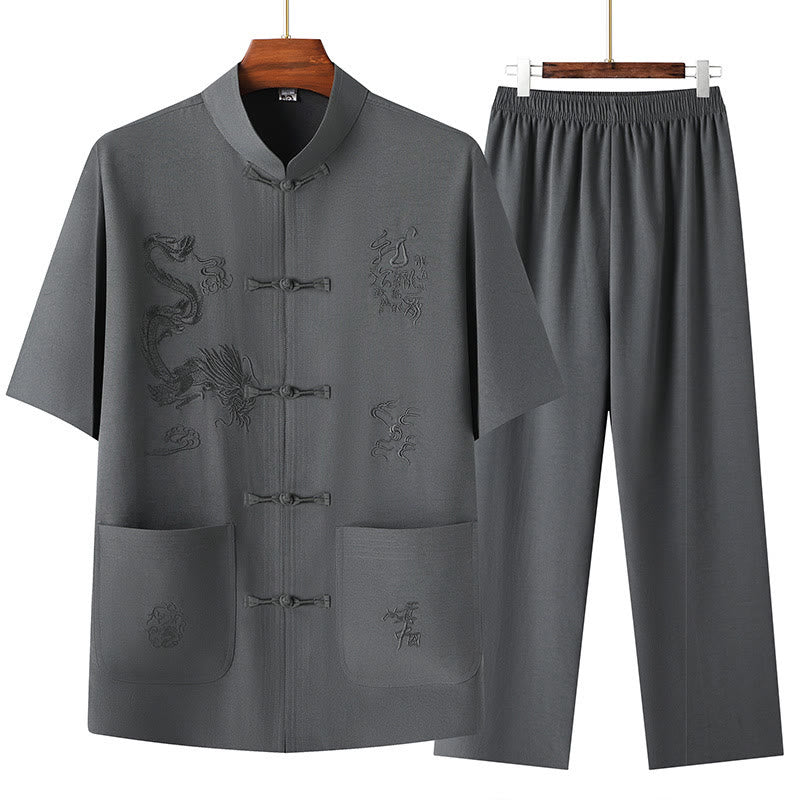 Buddha Stones Tang Anzug Hanfu Chinesischer Drache Traditionelle Kung Fu Uniform Kurzarm Tops und Hosen Kleidung Herren Set - Dunkelgrau - US/ UK/AU44，EU54 (4XL) - image 8