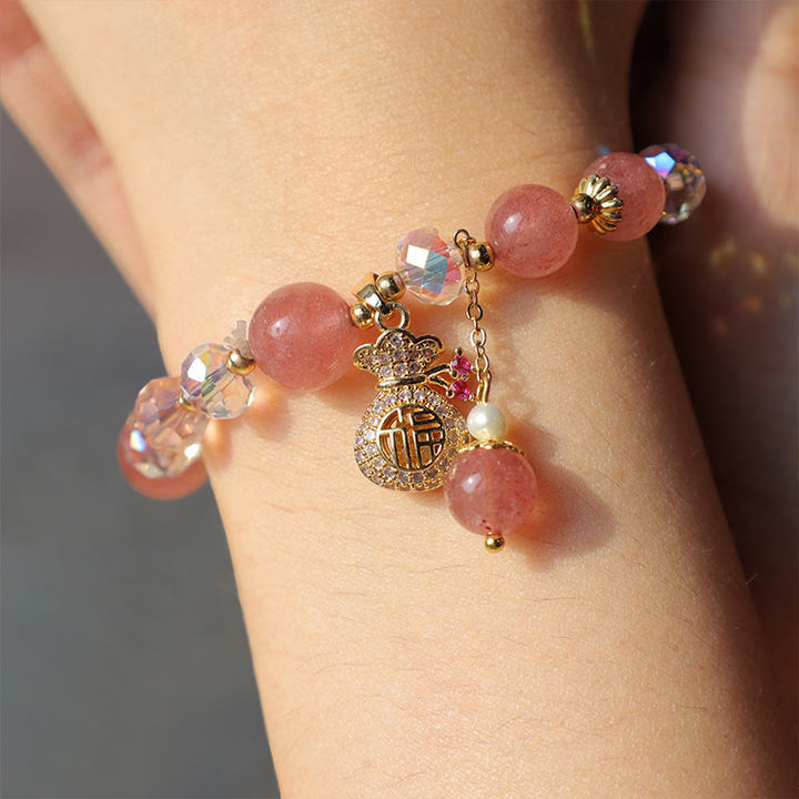 Buddha Stones Natürliches Erdbeerquarz-Kristall-Geldbeutel-Charm-Positive-Armband