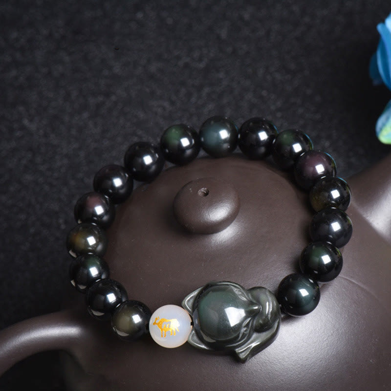 Buddha Stones Natürliches Regenbogen-Obsidian-Goldglanz-Obsidian-Silberglanz-Obsidian-Fuchs-Heilarmband