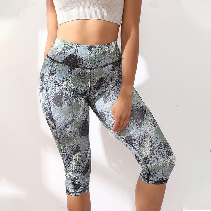 Buddha Stones Camo Print Einfarbige Sport-Yoga-Leggings mit hoher Taille für Damen Yoga-Caprihose