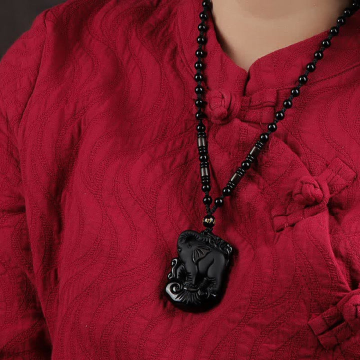Schwarzer Obsidian-Elefant-Schutzschnur-Halsketten-Anhänger-Schlüsselanhänger