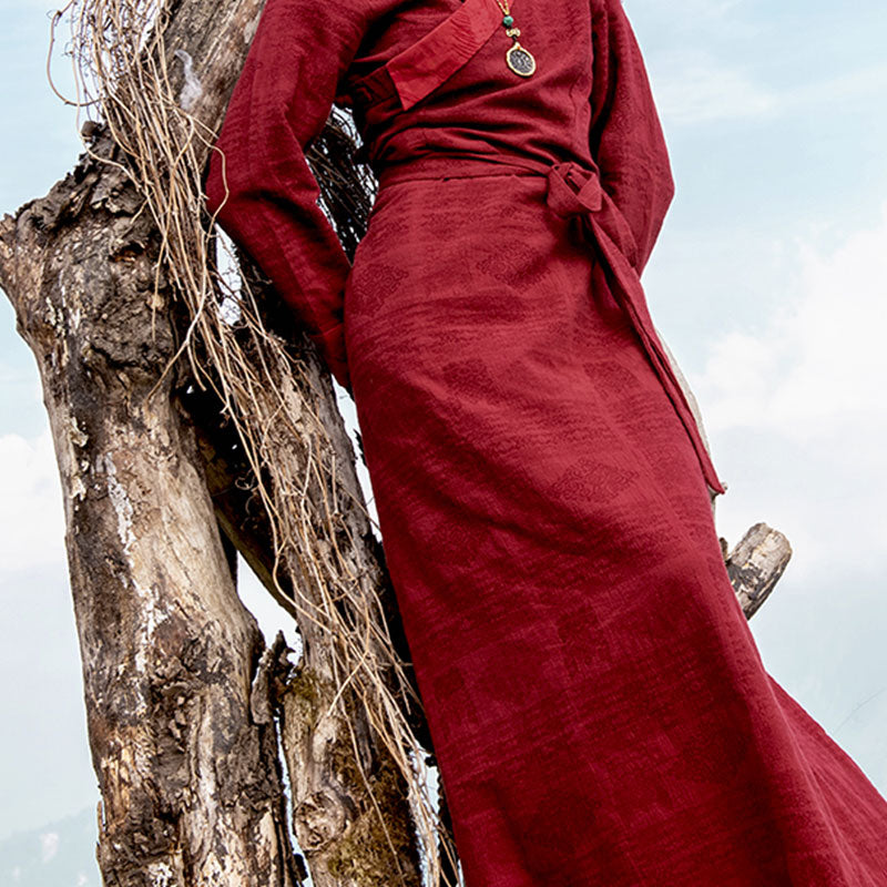 Buddha Stones Tibetisches Kleid Kleidung Lhasa Langes Wickelkleid Maxikleid Damenbekleidung - image 3