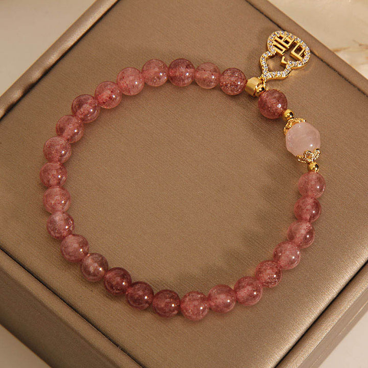 Buddha Stones Armband, Motiv: Erdbeerquarz, Kürbis, Fu, positiver Charm