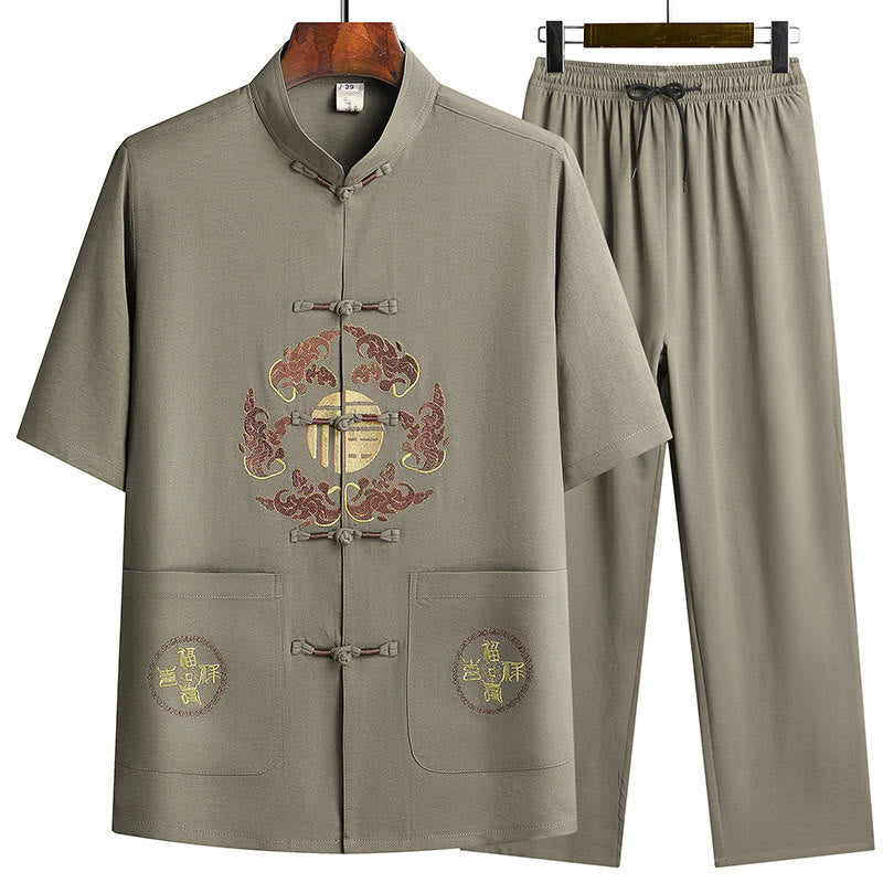 Buddha Stones Fu Charakter Tang Anzug Hanfu Traditionelle Uniform Kurzarm Oberteil Hosen Kleidung Herren Set