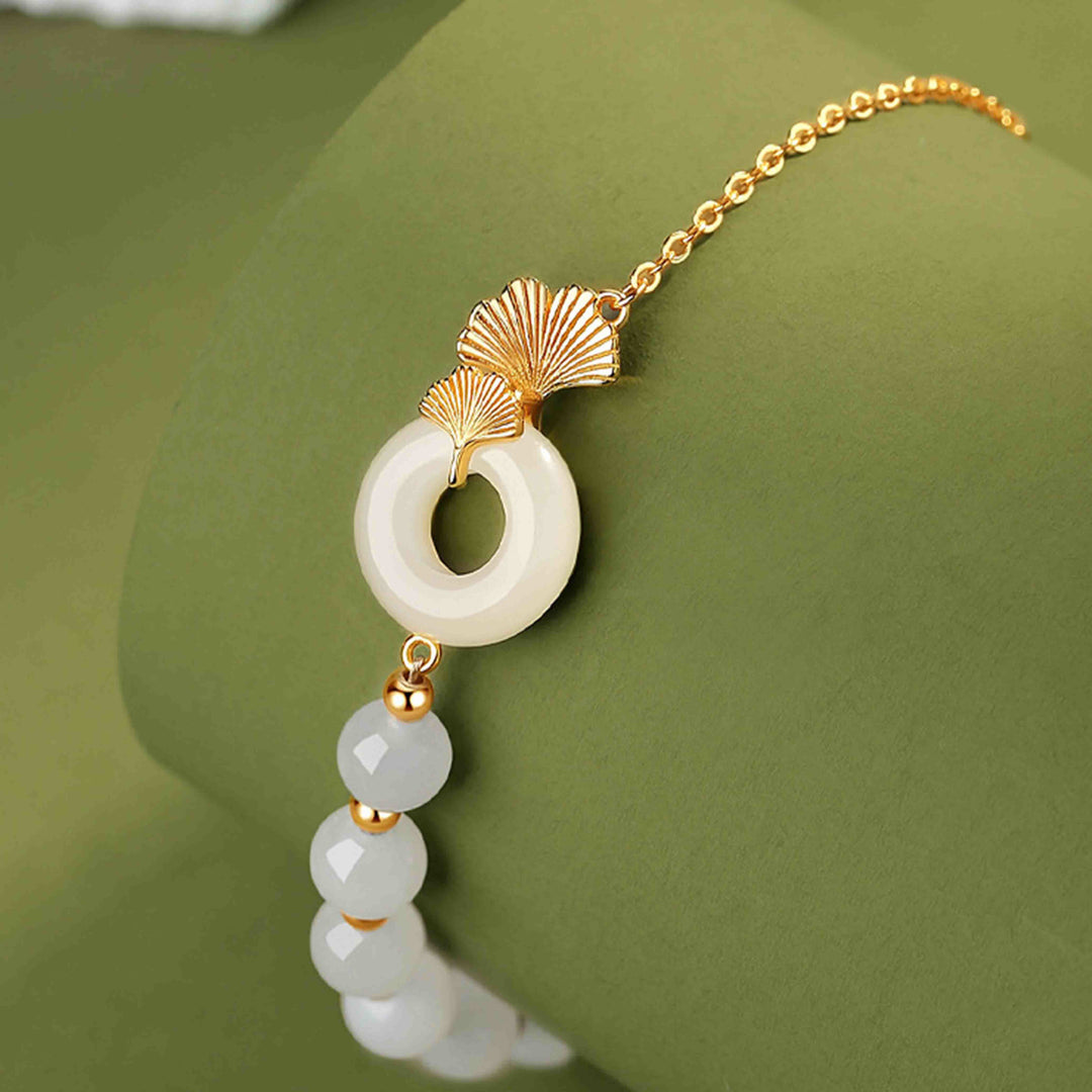 Buddha Stones 925 Sterling Silber Hetian Weiß Jade Friedensschnalle Ginkgoblatt Glücksarmband - image 3