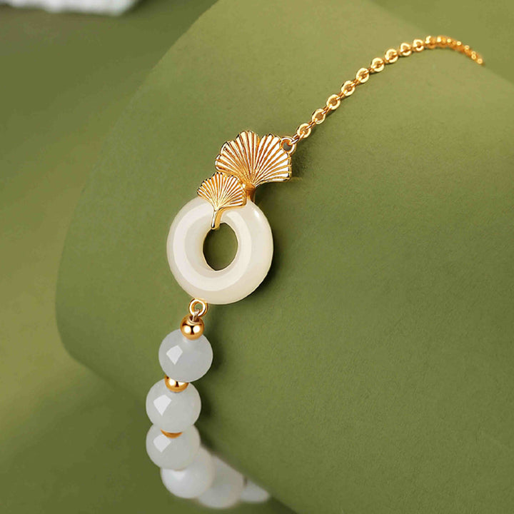 Buddha Stones 925 Sterling Silber Hetian Weiß Jade Friedensschnalle Ginkgoblatt Glücksarmband - image 3