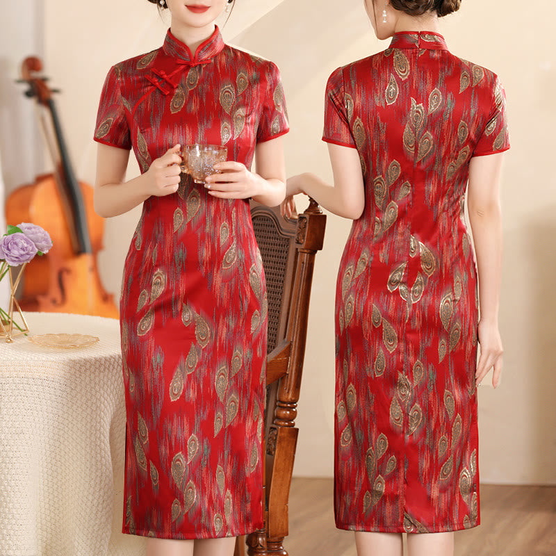 Buddha Stones Retro Blume Lotus Pfingstrose Feder Druck Qipao Kleid Damen Cheongsam Kleid