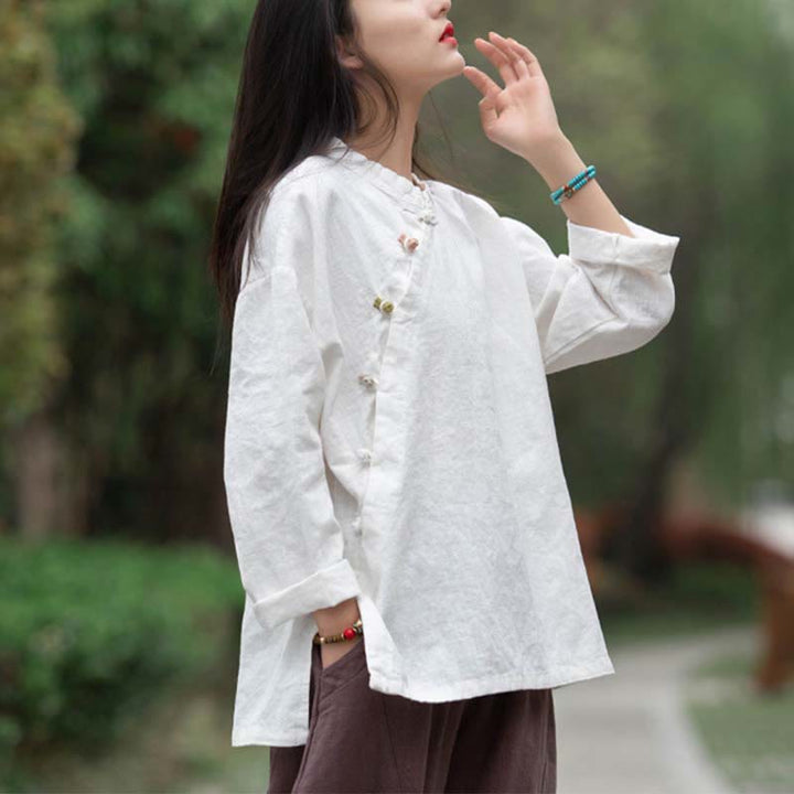 Buddha Stones Ramie Leinen Bluse Damen Shirt Top Chinesische Hanfu Stil Kleidung