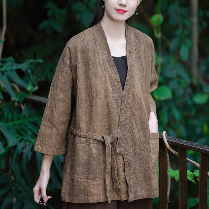 Buddha Stones Hanfu Design Dreiviertelärmel Ramie Leinen Mantel vorne offen Oberteil Jacke