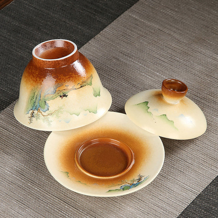 Buddha Stones Berglandschaft Landschaft Keramik Gaiwan Sancai Teetasse Kung Fu Teetasse und Untertasse mit Deckel