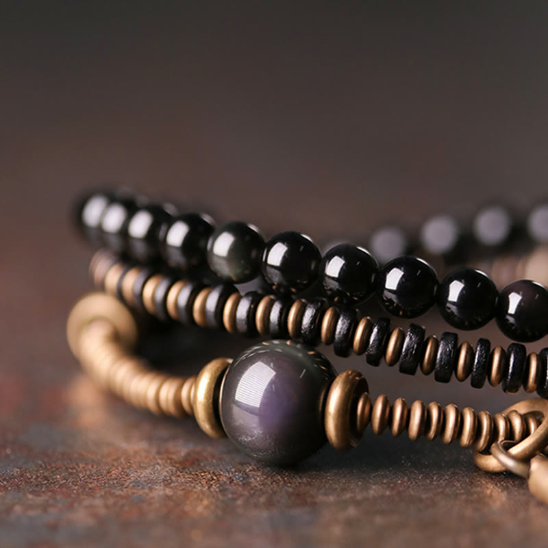 Buddha Stones, Regenbogen-Obsidian, Ebenholz, Kupfer, Heilung, dreifach gewickeltes Armband